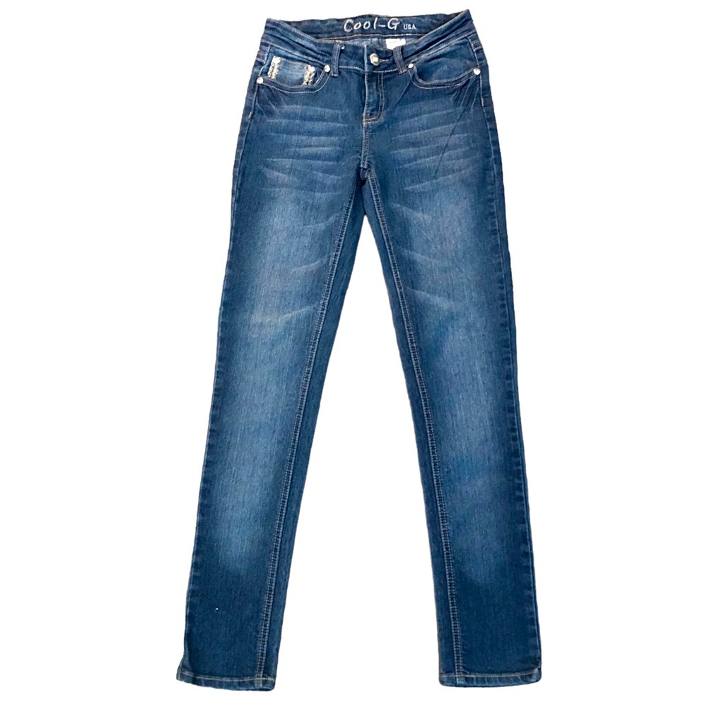 Cool-G Womens Straight Leg Jeans Embellished Flap Pockets Medium Wash Si…